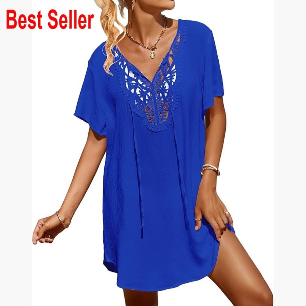 Lace Crochet V Neck Swimsuit Coverup Dress Polyester Beach Cover Up